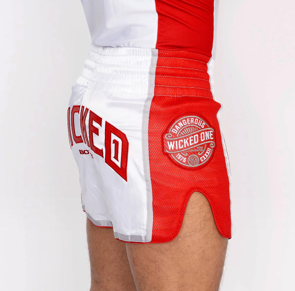 MUAY THAI SHORTS BLOCK "WHITE / RED"